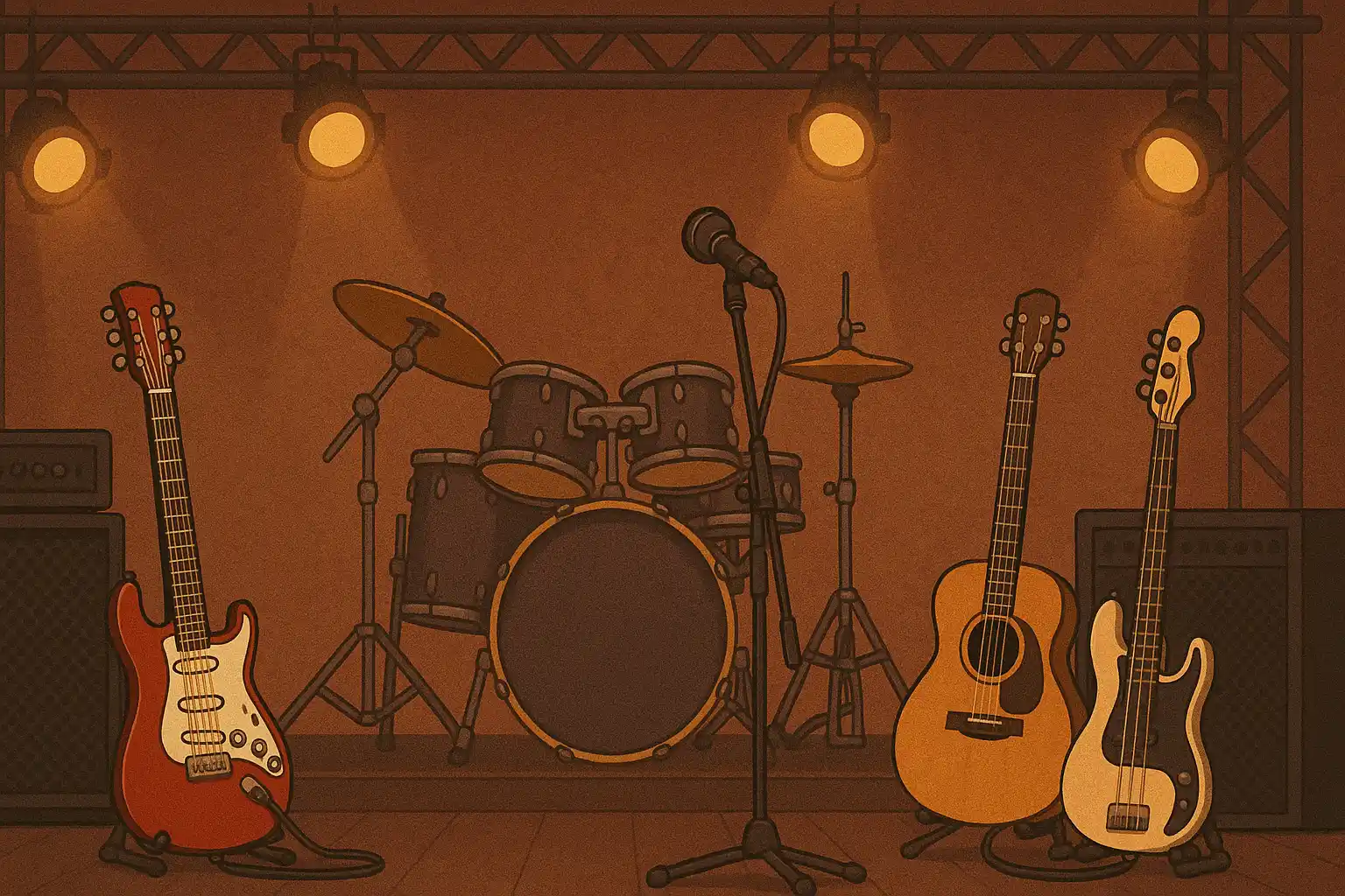 An empty rock concert stage, featuring a red electric guitar, acoustic guitar, bass, and drum set under warm, glowing stage lights with a central microphone stand ready for the performance.