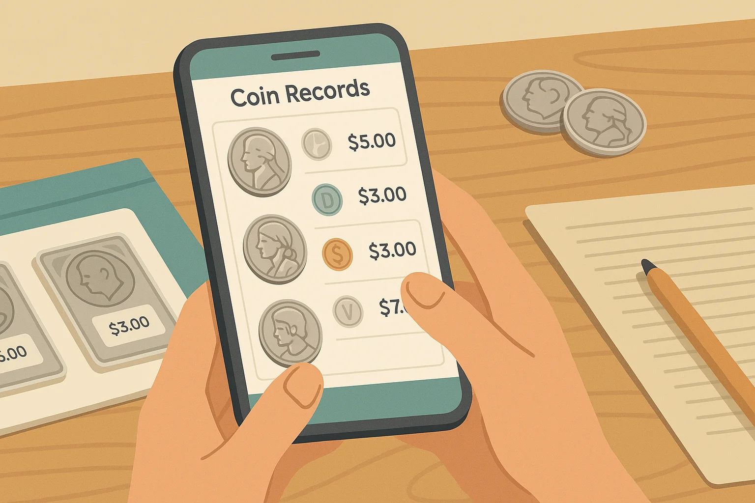 A collector scans digital coin logs while looking at the offline catalog.